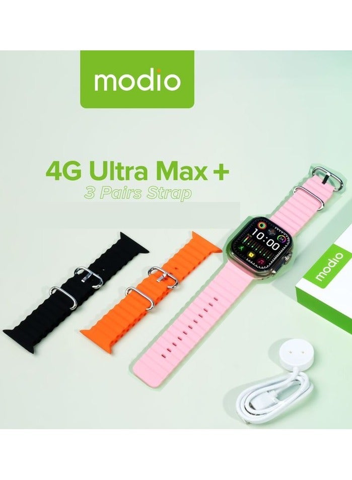 Modio 4G Ultra max Plus android smart watch HD 2.2 inch full touch screen with 3 set strap and wireless charger for men's and boy's - Image 5